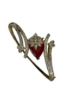 Women's Gold Tone Red Strawberry Stone Crystal Pave Hinged Bangle Bracelet